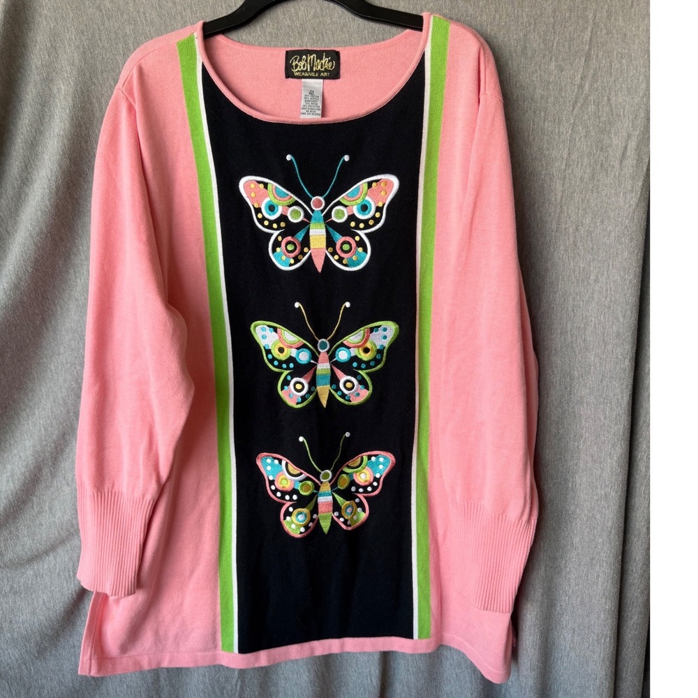 Bob Mackie Grannycore Sweater Pink Butterfly Embroidered‎ Cottagecore Plus 2X